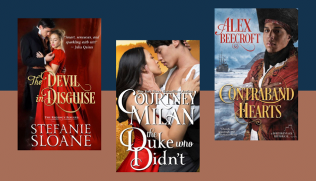 Historical Romance novels: Three covers on blue and red background