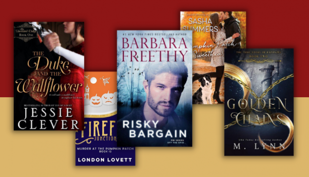 five eBook covers on red and gold background