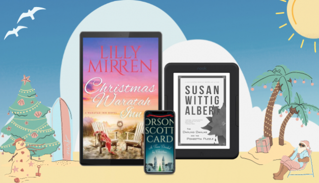 eBook covers in tablet, eReader, and phone on a beach background