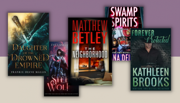 five eBook covers on purple and beige background