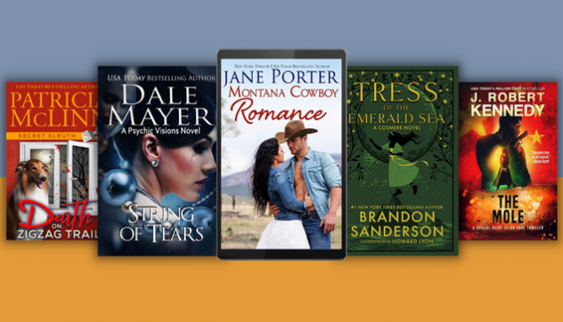 Five eBook covers on blue and orange background