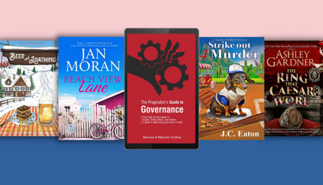 Five book covers in a row, one featured in a tablet, on a pink and blue background