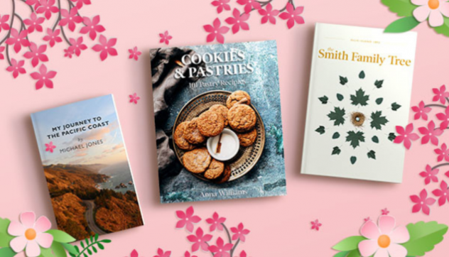 Three print-on-demand books, a travelogue, cookbook, and family history, on a festive pink background with flowers