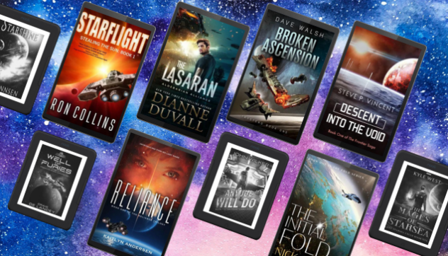 10 covers on NOOK eReader and Lenovo Tablet devices on space and stars background.