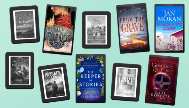 10 eBook covers showing in eReader and tablet devices on turquoise background