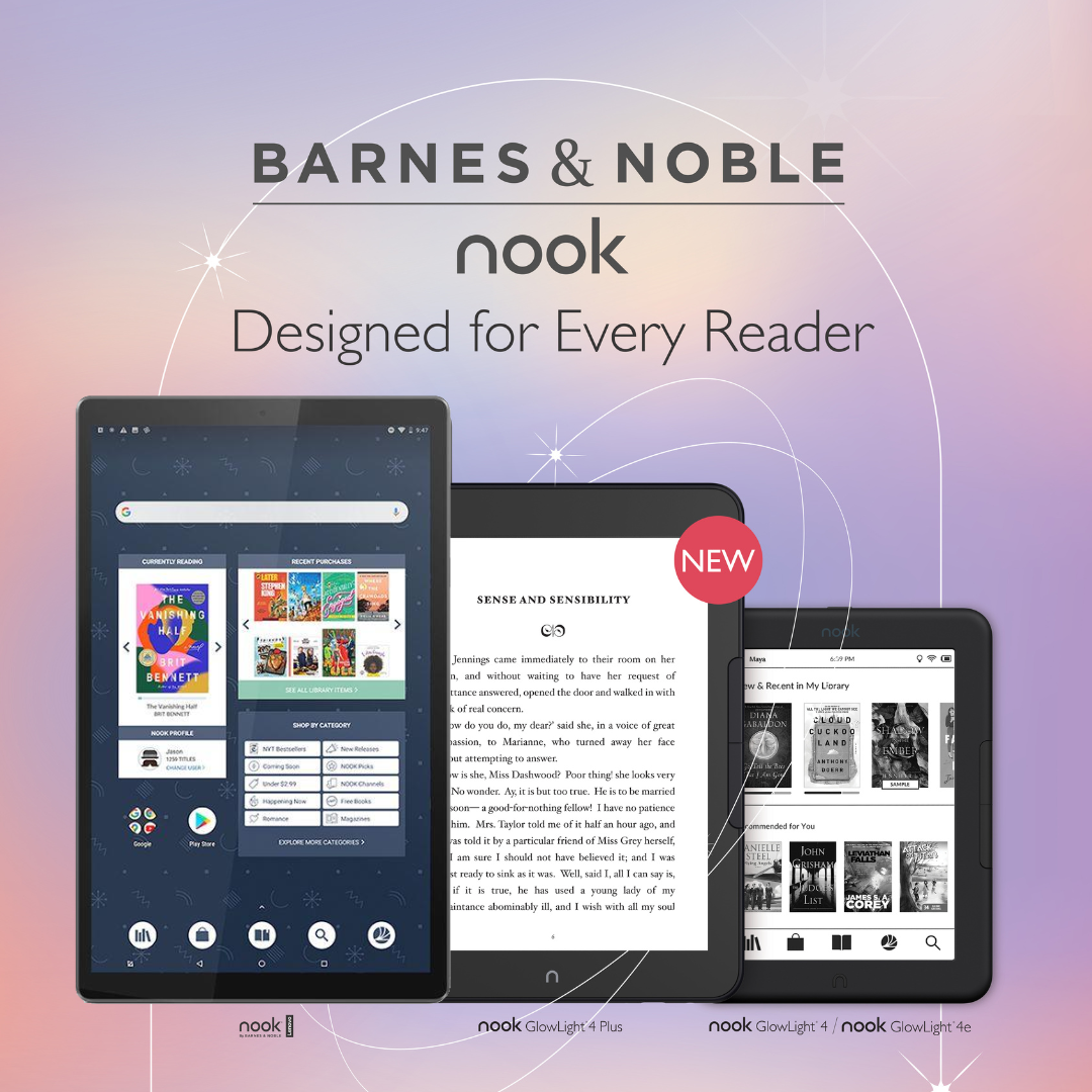 Line-up of NOOK eBook reading devices inlcuding the Lenovo 10" Tablet, the NOOK GlowLight 4 Plus, and the NOOK GlowLight 4/4e