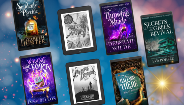 5 eBook covers in the Lenovo tablet and 2 eBook covers in the NOOK eReader on a blue and purple background