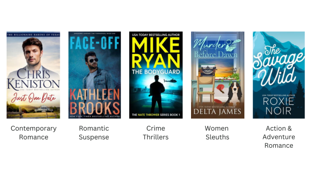 Five eBook covers in a row showing the genres: Contemporary Romance, Romantic Suspense, Crime Thrillers, Women Sleuths, and Action & Adventure Romance