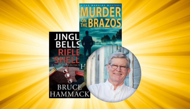 Yellow burst background with two book covers and a headshot image of author Bruce Hammack