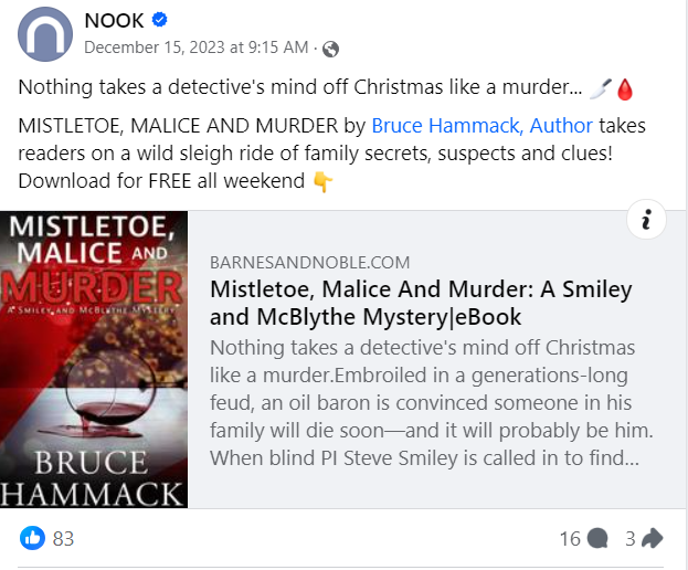 Facebook Post: Nothing takes a detective's mind off Christmas like a murder... MISTLETOE, MALICE AND MURDER by Bruce Hammack, Author takes readers on a wild sleigh ride of family secrets, suspects and clues! Download for FREE all weekend 