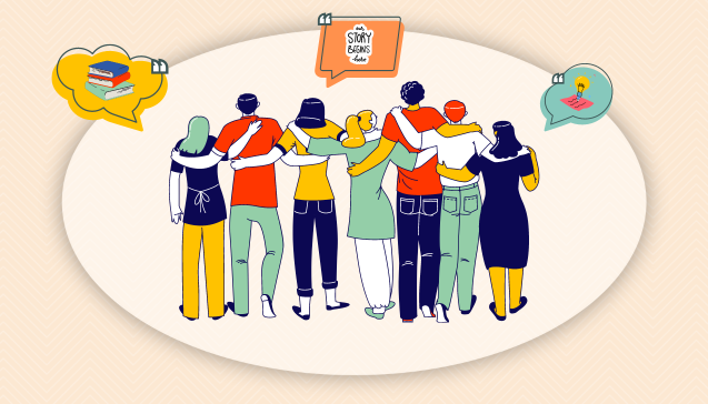 Illustrated graphic on an orange background featuring a group of people with their arms over each other's shoulders