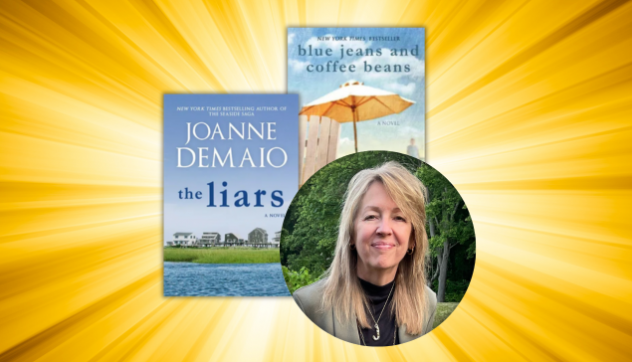 Yellow color background with a photo of author, Joanne DeMaio, plus two book covers for "The Liars" and "Coffee Beans and Blue Jeans."