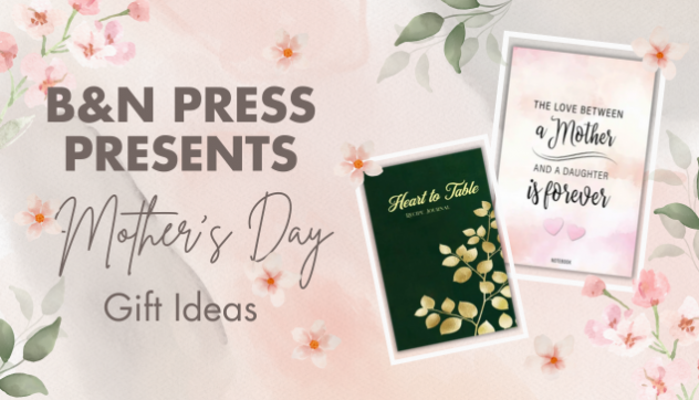 Pink background and flowers with two print book covers and the text "B&N Press Presents Mother's Day Git Ideas."