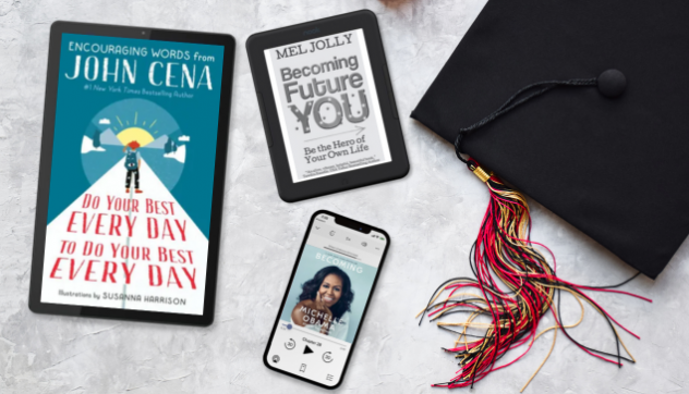 Flatlay image of a graduation cap surrounded by a NOOK Lenovo tablet, a NOOK GlowLight 4, and an iPhone with an audiobook cover for Michelle Obama's "Becoming"