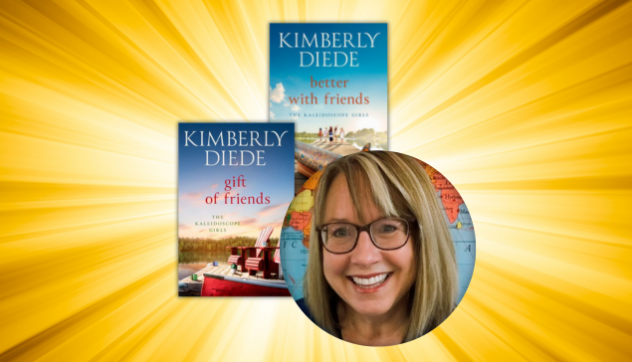 Yellow color background with a photo of author, Kimberly Diede, and book covers for "Gift of Friends" and "Better With Friends"