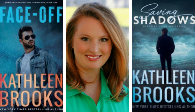 Image of author Kathleen Brooks with the cover for "Face Off" to the left and the cover for "Saving Shadows" on the right.