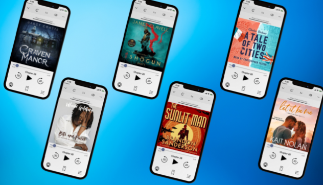 Banner Image with six iPhones showing Shogun by James Clavell, The Sun Lit Man by Brandon Sanderson, Bits and Pieces by Whoopi Goldberg, Craven Manor by Darcy Coates, Let It Be Me by Kait Nolan, and A Tale of Two Cities by Charles Dickens