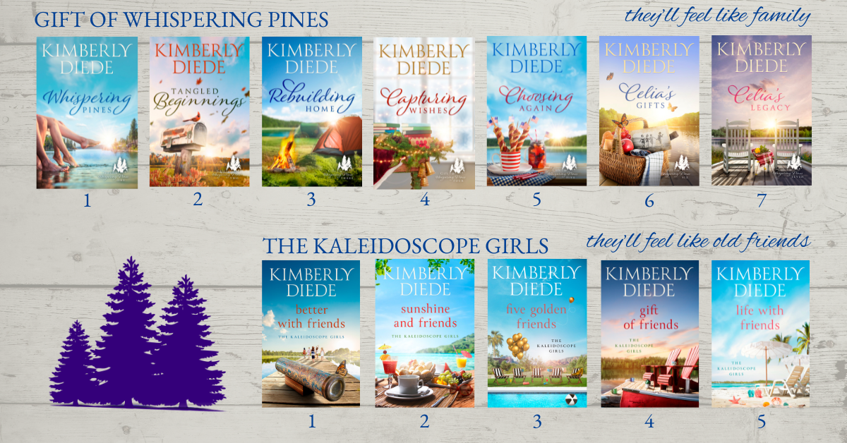 two rows of book covers from Kimberly Diede's "Whispering Pines" and "Kaleidoscope Girls" series