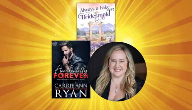 Yellow and gold background with two book covers and a photo of author Carrie Ann Ryan