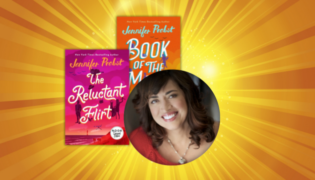 Yellow and gold background with two book covers and a photo of author, Jennifer Probst